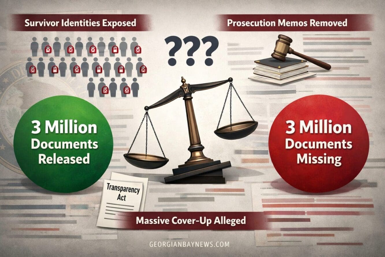 Include the text: GEORGIANBAYNEWS.COM, in each image in a discreet fashion. Landscape format (1536x1024) infographic-style visualization sho
