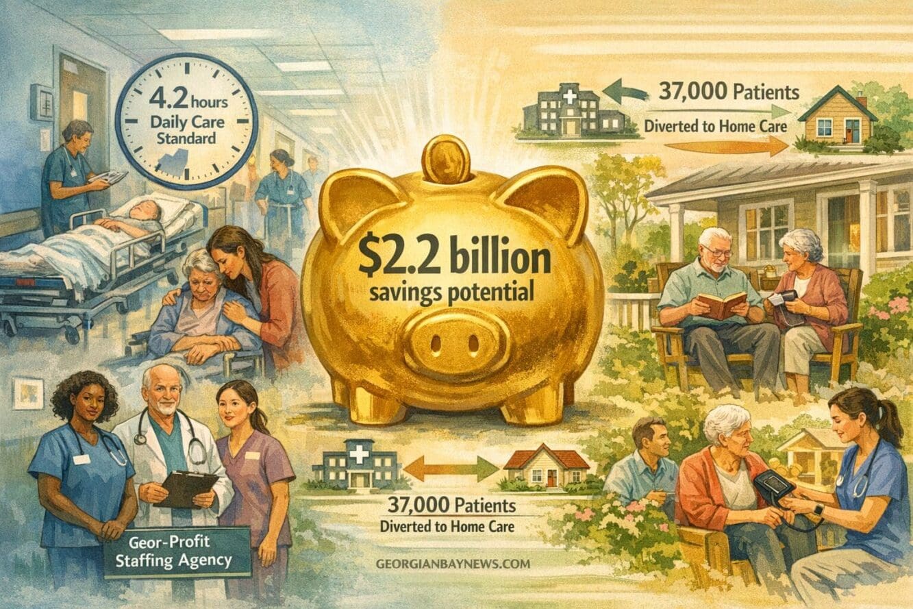 Include the text: GEORGIANBAYNEWS.COM, in each image in a discreet fashion. Landscape format (1536x1024) conceptual illustration depicting p
