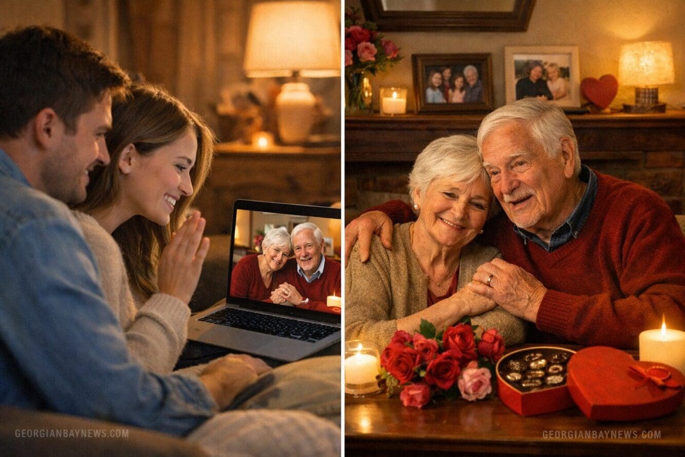 Include the text: GEORGIANBAYNEWS.COM, in each image in a discreet fashion. Landscape format (1536x1024) image depicting modern Valentine's 