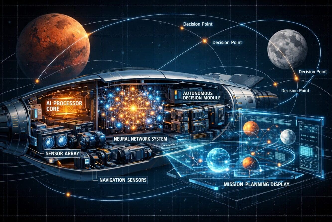 Landscape format (1536x1024) technical illustration showing autonomous spacecraft cutaway view with visible AI processing systems, neural ne