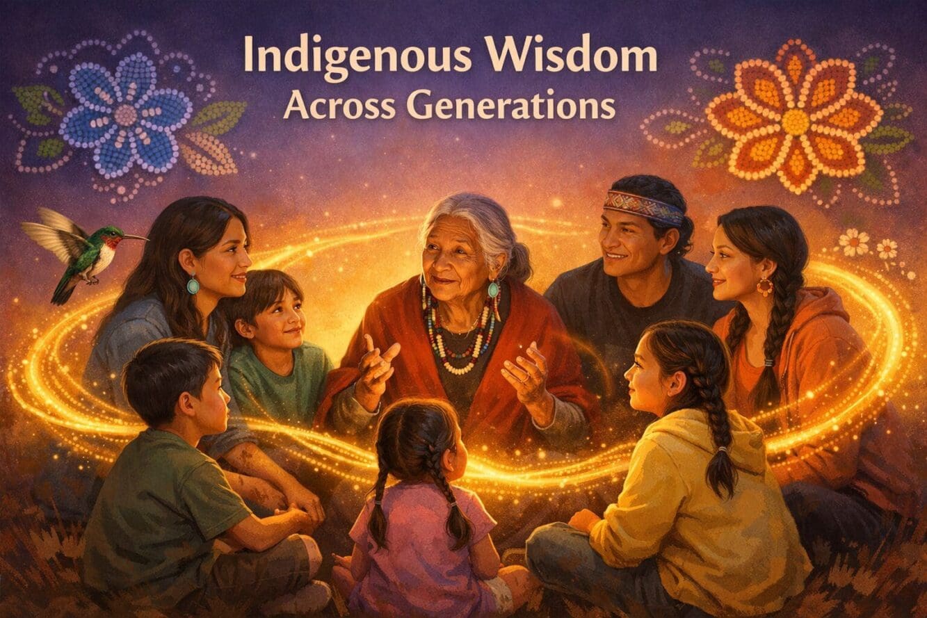 Detailed landscape format (1536x1024) conceptual illustration of a multi-generational Indigenous family gathered in a circle, with warm gold