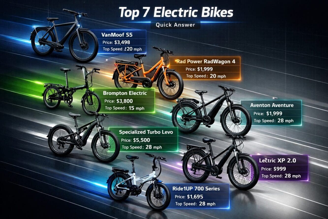 Quick Answer section dynamic visual summary of top 7 electric bikes. Photorealistic rendering of e-bikes arranged in a cascading diagonal la