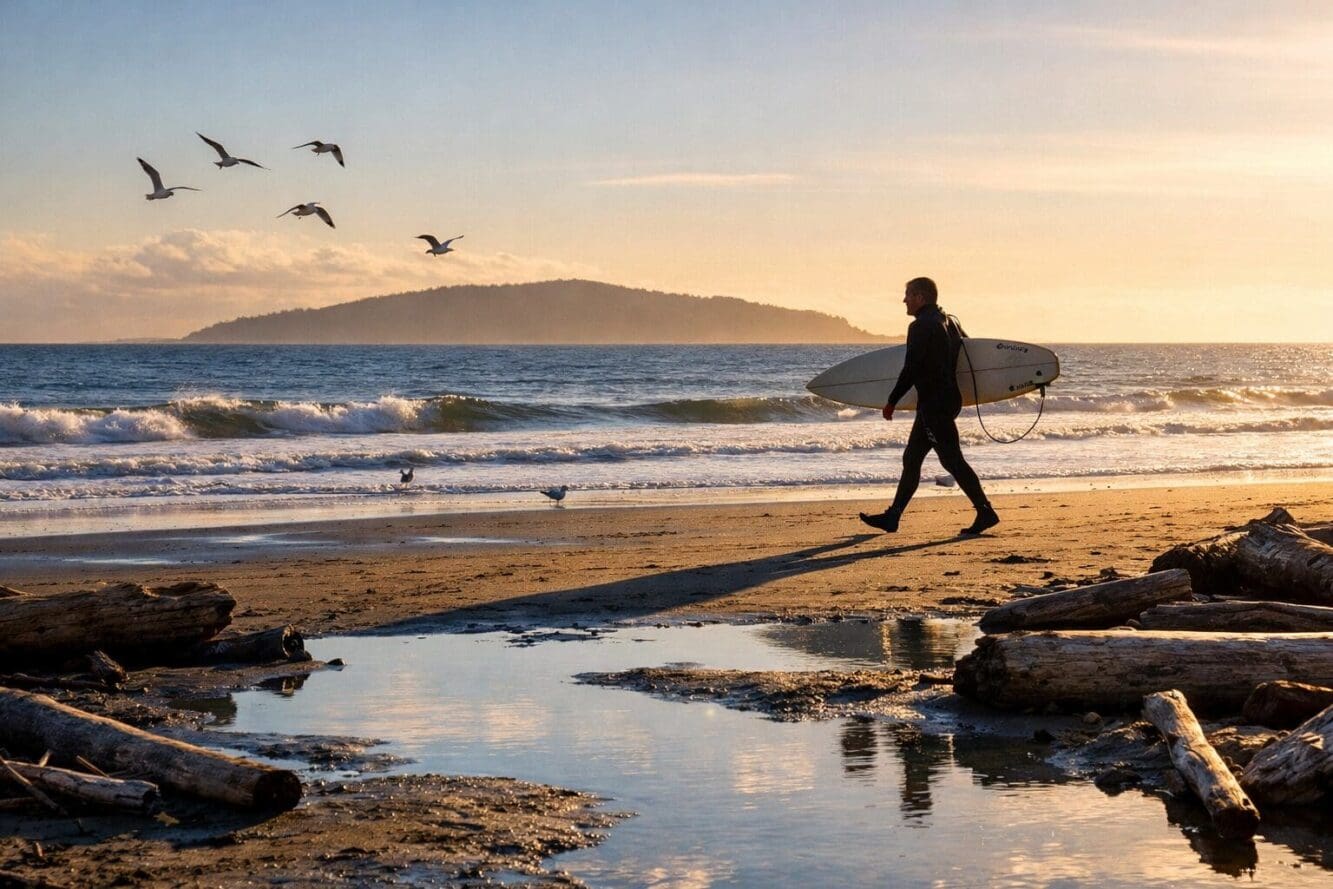 Detailed landscape format (1536x1024) editorial photograph of a surfer walking along a wide sandy beach near Comox with surfboard under arm,