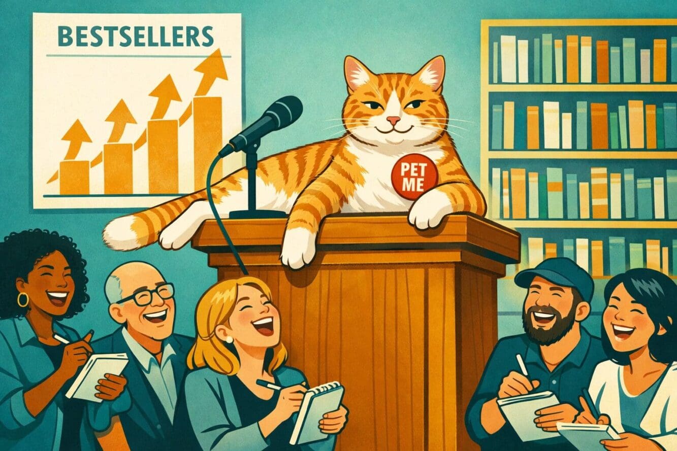 Landscape format (1536x1024) conceptual editorial image showing a cat lounging confidently on a podium or lectern with a microphone, wearing