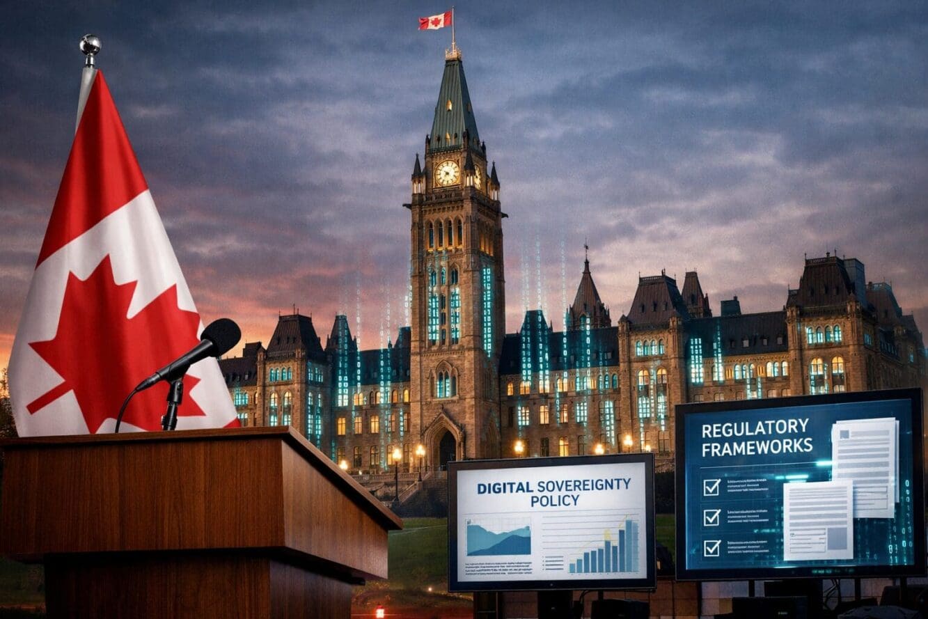 Detailed landscape format (1536x1024) conceptual editorial photo-illustration of a Canadian Parliament building in Ottawa with digital code 