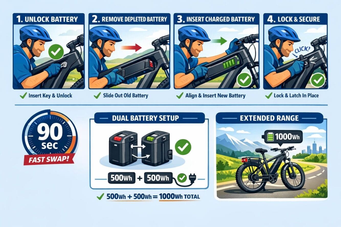 Detailed landscape format (1536x1024) infographic showing step-by-step modular battery swap process for e-bike riders. Visual sequence: 1) R