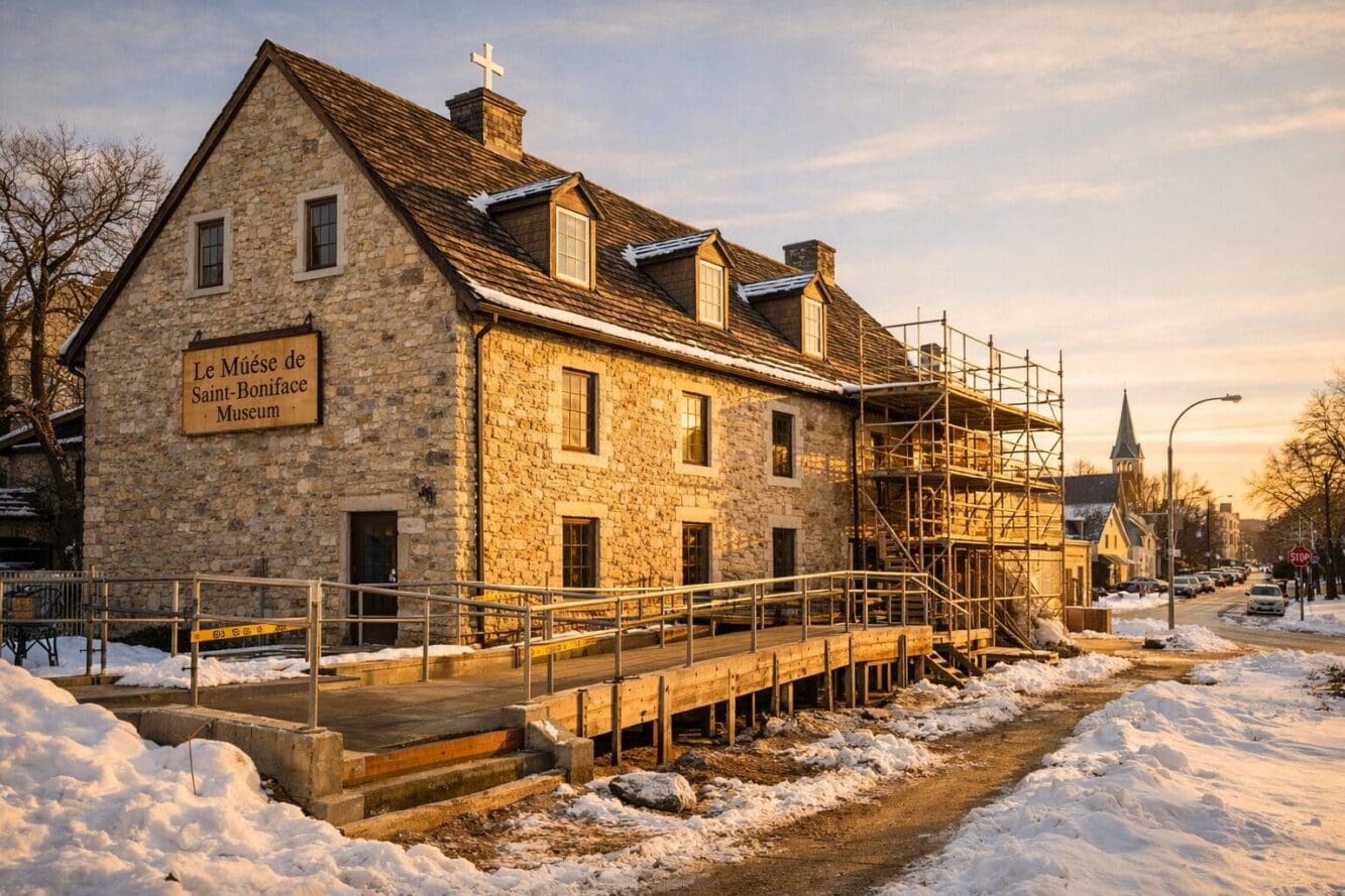 Landscape format (1536x1024) warm editorial photograph of the historic Le Musée de Saint-Boniface Museum exterior in winter, showing the old