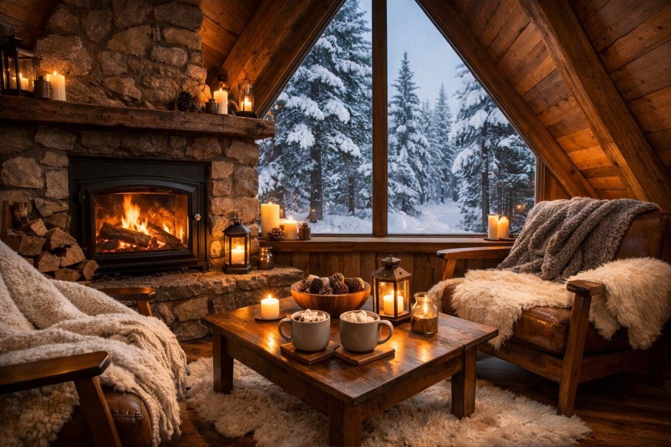 Detailed landscape format (1536x1024) image of a cozy off-grid A-frame cabin interior in Muskoka showing hygge winter escape scene: cracklin