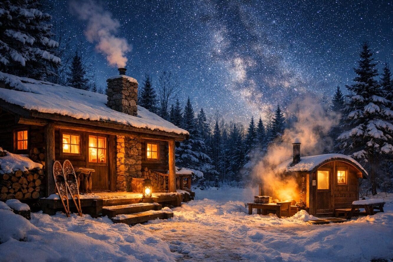 Landscape format (1536x1024) editorial photograph of a cozy off-grid wilderness cabin exterior in a snowy Ontario forest clearing at dusk, w