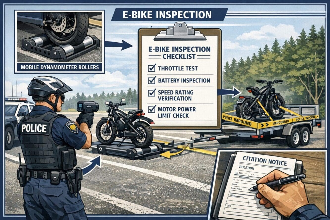 Detailed landscape format (1536x1024) technical illustration showing e-bike enforcement inspection process. Visual elements include: police 