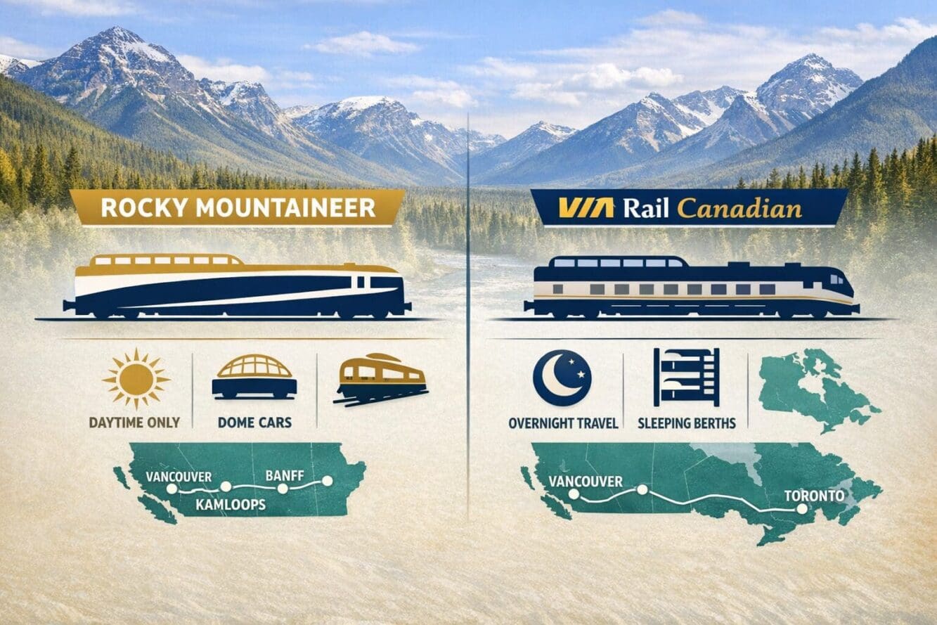 Detailed landscape format (1536x1024) infographic-style comparison image showing two train silhouettes side by side labeled Rocky Mountainee