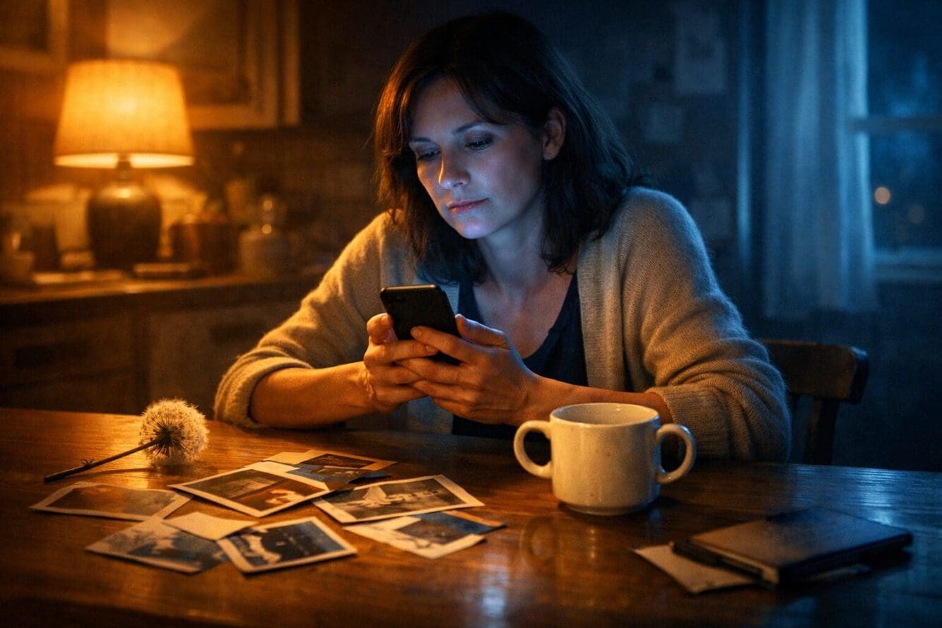 Landscape format (1536x1024) conceptual editorial image depicting a woman sitting alone at a kitchen table in warm lamplight, holding a phon