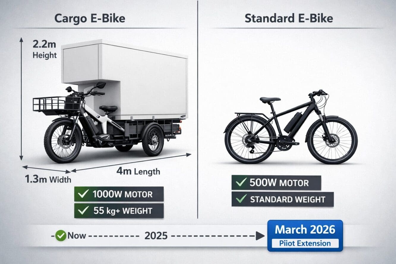 Landscape format (1536x1024) split-screen comparison image showing legal cargo e-bike (1000W motor, over 55 kg weight, proper dimensions lab