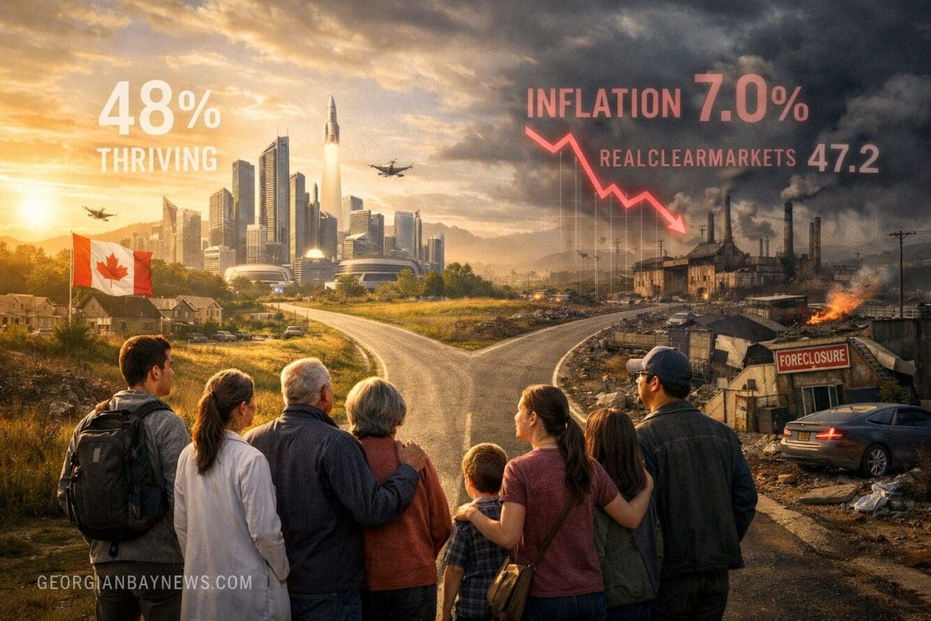 Include the text: GEORGIANBAYNEWS.COM, in each image in a discreet fashion. Landscape format (1536x1024) conceptual future-focused image dep
