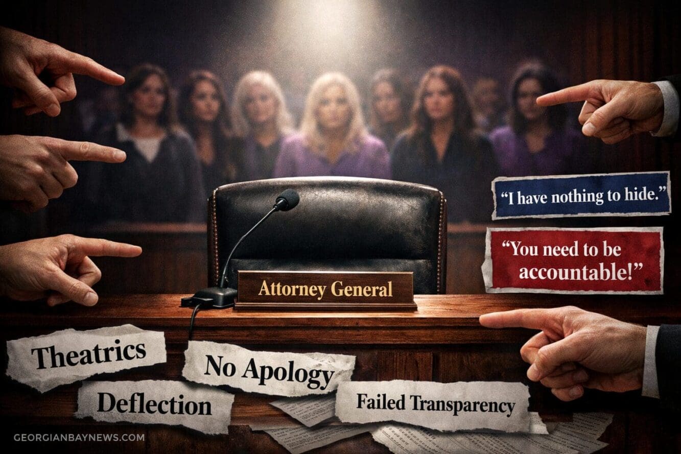 Include the text: GEORGIANBAYNEWS.COM, in each image in a discreet fashion. Landscape format (1536x1024) dramatic courtroom-style compositio