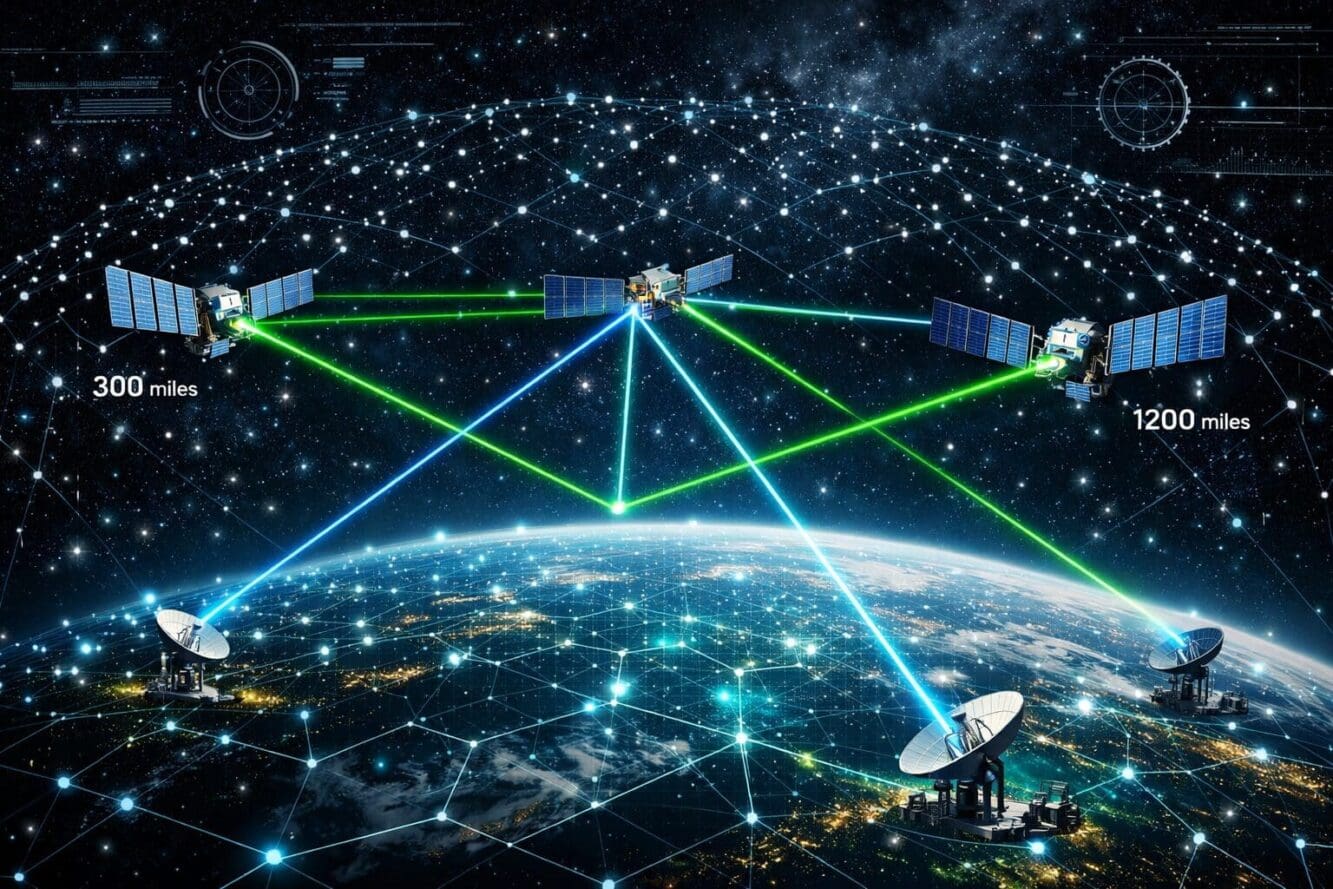 Landscape format (1536x1024) conceptual visualization of orbital AI data center network showing multiple satellites functioning as computing