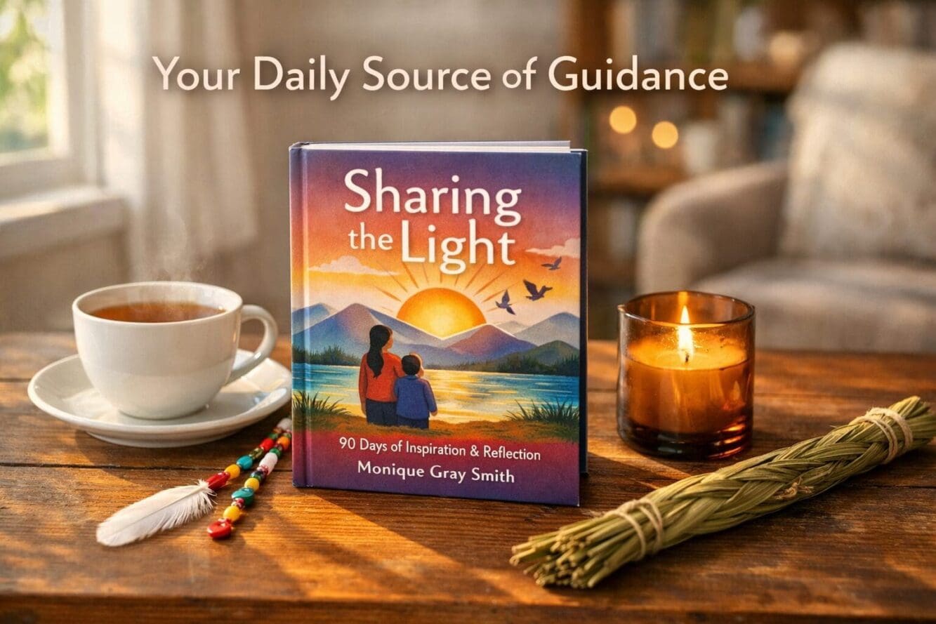 Detailed landscape format (1536x1024) still life composition showing the hardcover book Sharing the Light by Monique Gray Smith on a wooden 