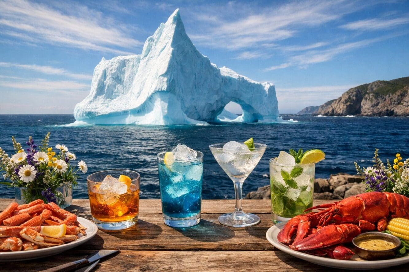 Detailed landscape format (1536x1024) editorial photograph of a dramatic iceberg floating in Iceberg Alley off the Newfoundland coast with d