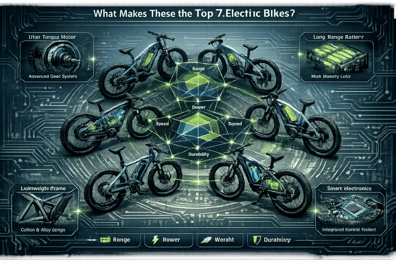 What Makes These the Top 7 Electric Bikes section comprehensive comparison infographic. Central visualization showing 7 e-bikes with interco