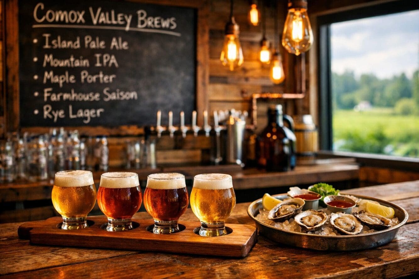 Detailed landscape format (1536x1024) editorial photograph of a rustic wooden tasting bar at a Comox Valley craft brewery, flight of four am