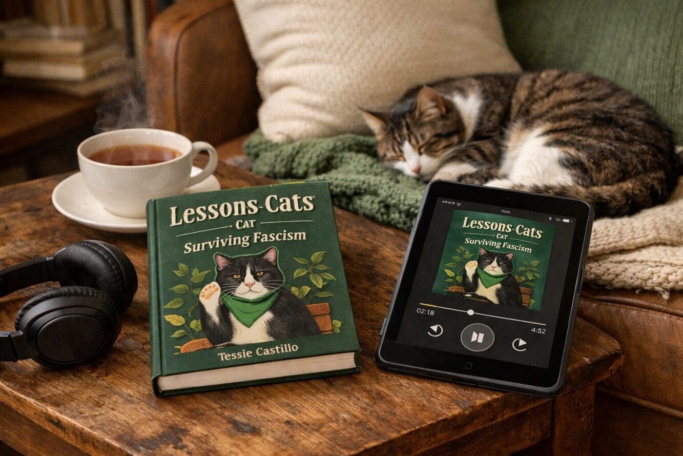 Landscape format (1536x1024) editorial-quality image of a cozy reading nook with a hardcover copy of a small cat-themed book on a side table