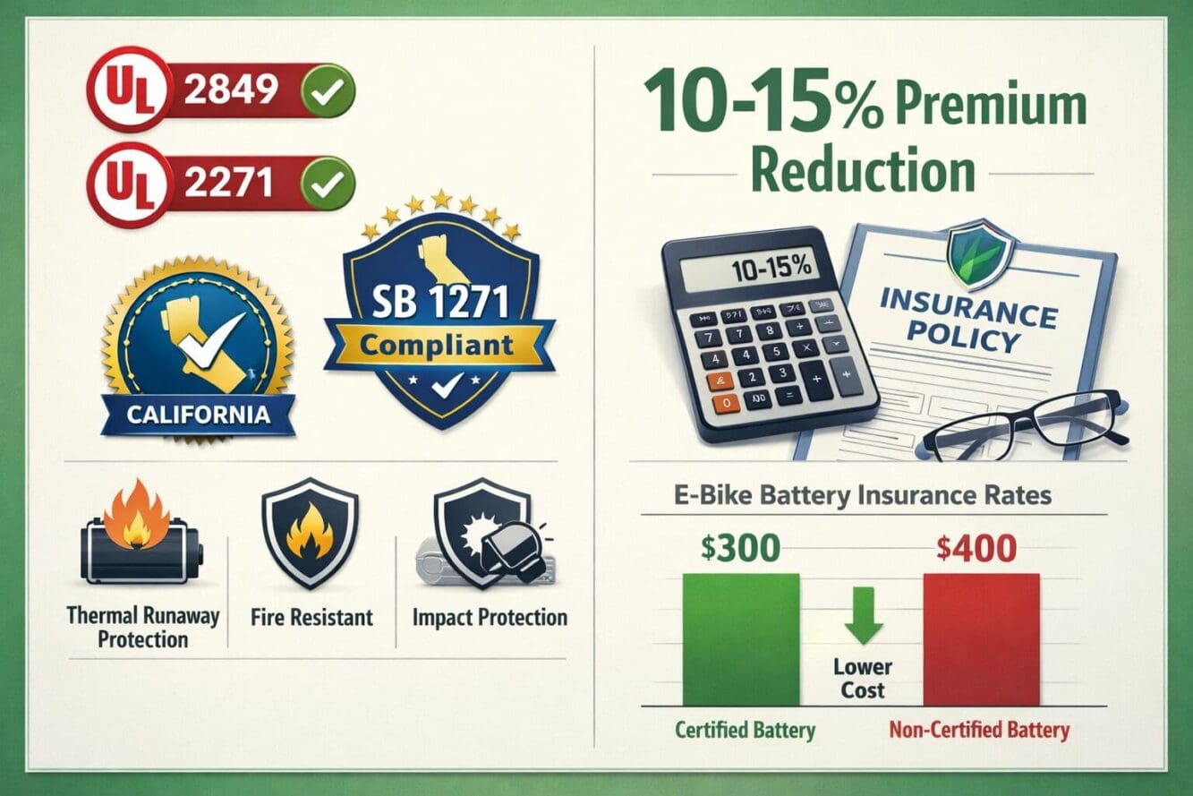 Detailed landscape format (1536x1024) professional composition showing insurance discount concept for certified e-bike batteries. Split desi
