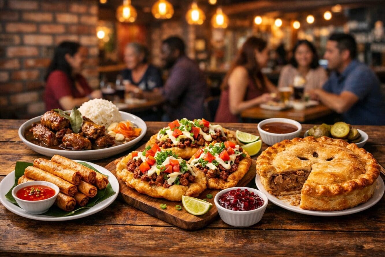 Landscape format (1536x1024) vibrant editorial food photography showing a diverse spread of Winnipeg neighborhood cuisine: Filipino lumpia a
