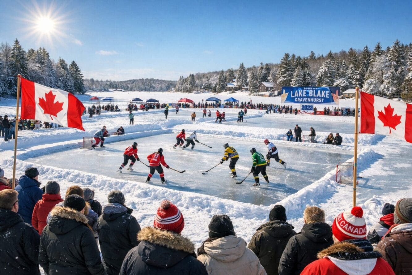 Detailed landscape format (1536x1024) image of outdoor winter festival scene in Muskoka showing frozen lake with pond hockey rinks marked ou