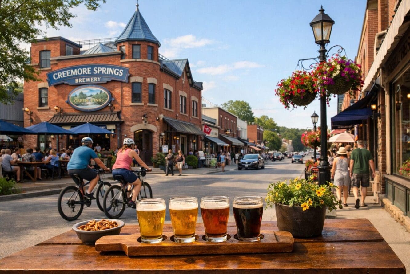 Landscape format (1536x1024) editorial photograph of the charming main street of Creemore Ontario village, showing the historic Creemore Spr
