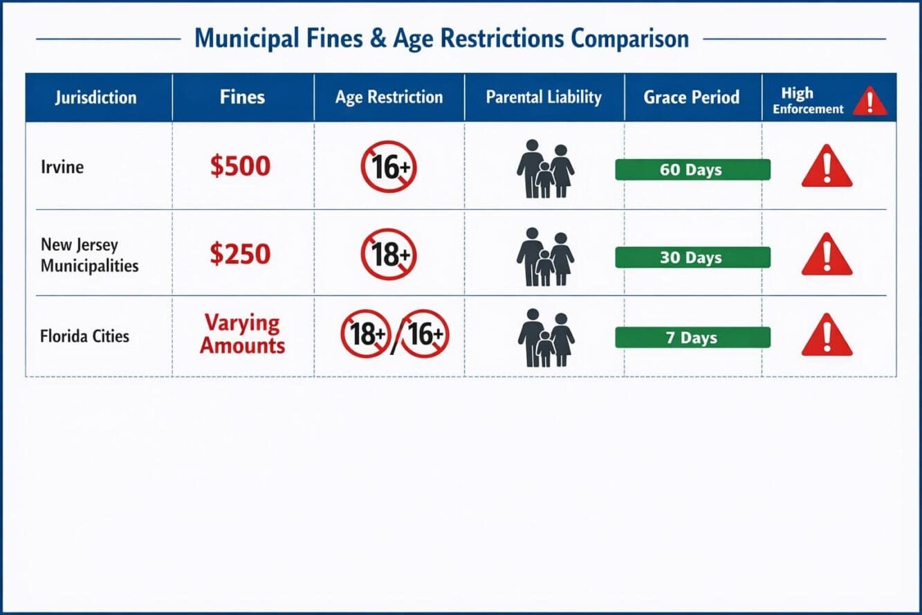 Detailed landscape format (1536x1024) comparison chart showing municipal fine structures and age restrictions across different jurisdictions