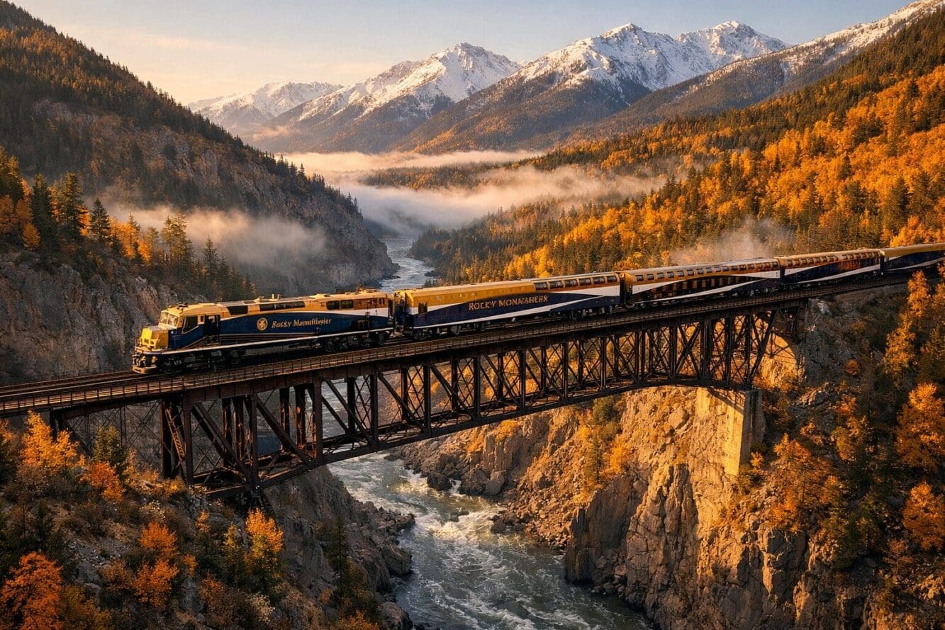 Detailed landscape format (1536x1024) scenic aerial photograph of a luxury train crossing a dramatic trestle bridge over a deep canyon in Br