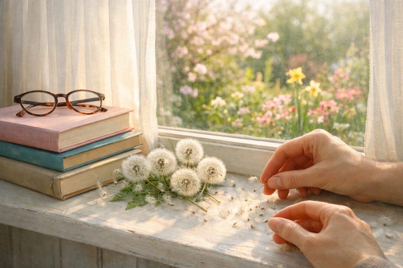 Landscape format (1536x1024) editorial style image showing hands carefully arranging dandelion seeds on a windowsill with soft morning light