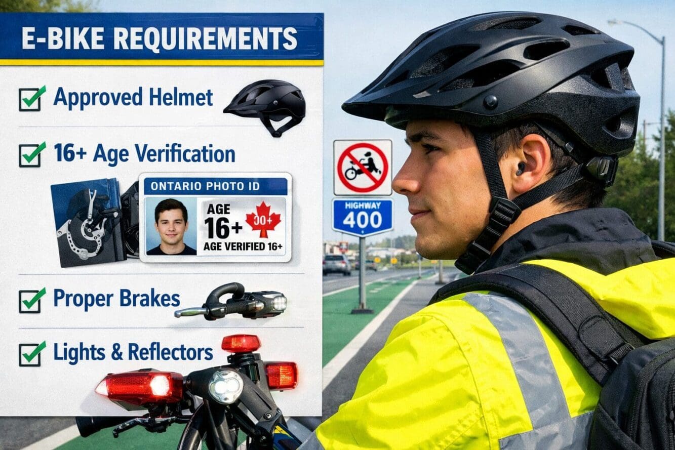 Landscape format (1536x1024) enforcement and safety compliance scene showing Ontario e-bike rider wearing approved bicycle helmet (close-up 