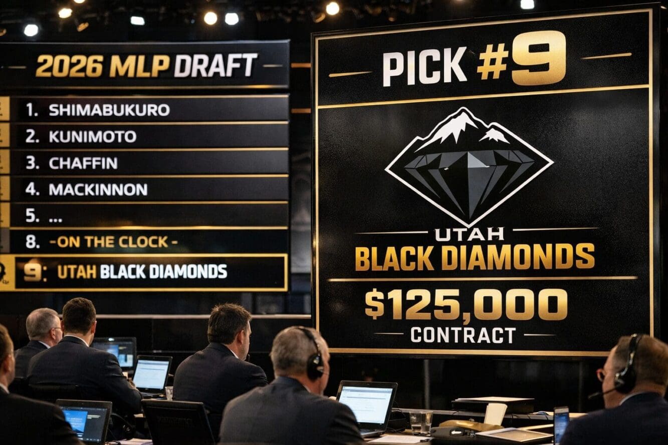 Landscape format (1536x1024) editorial image showing 2026 MLP Draft board display with pick number 9 highlighted, Utah Black Diamonds logo p