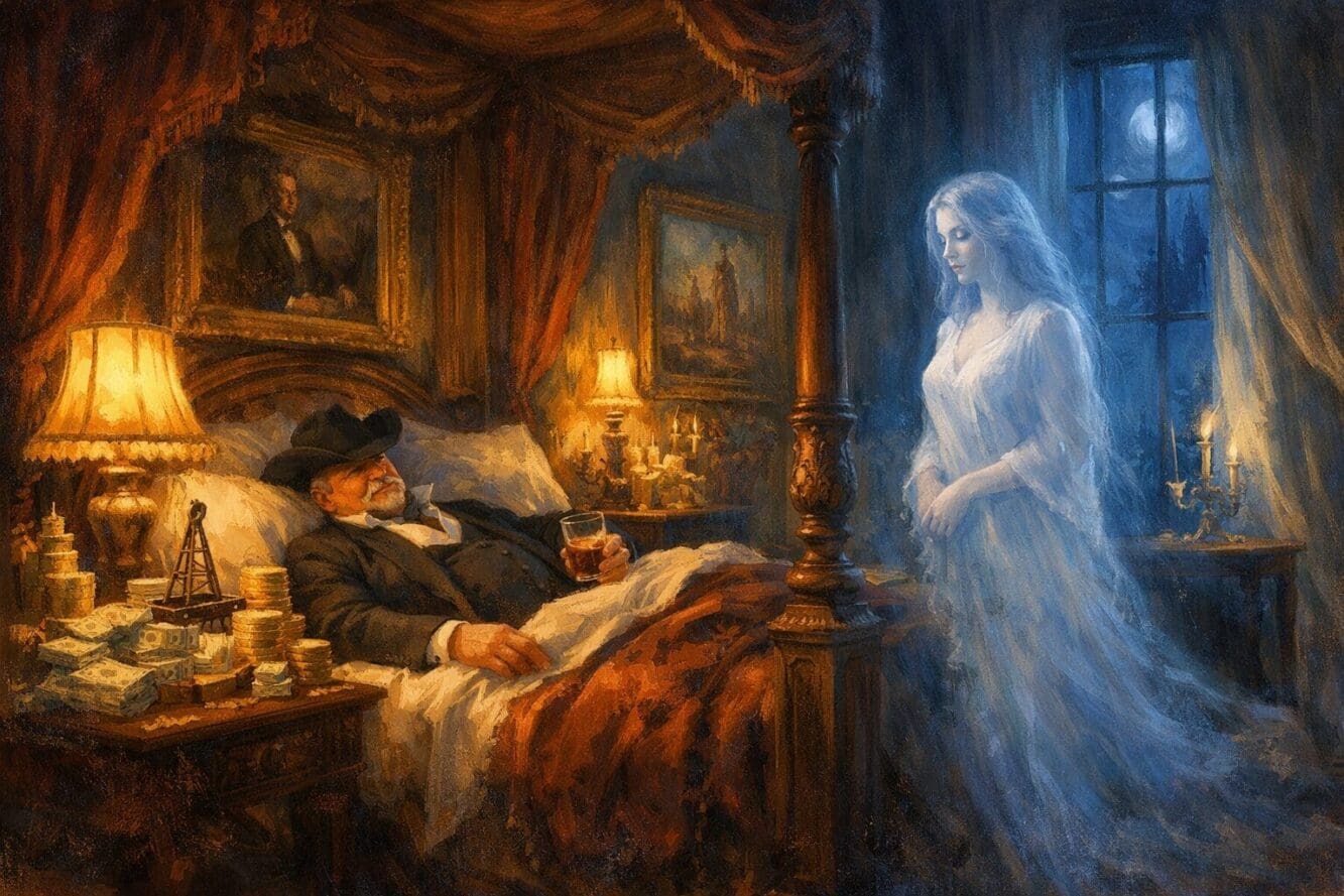 Landscape format (1536x1024) editorial illustration showing a wealthy oil baron figure lying in a grand four-poster bed in a lavish but shad
