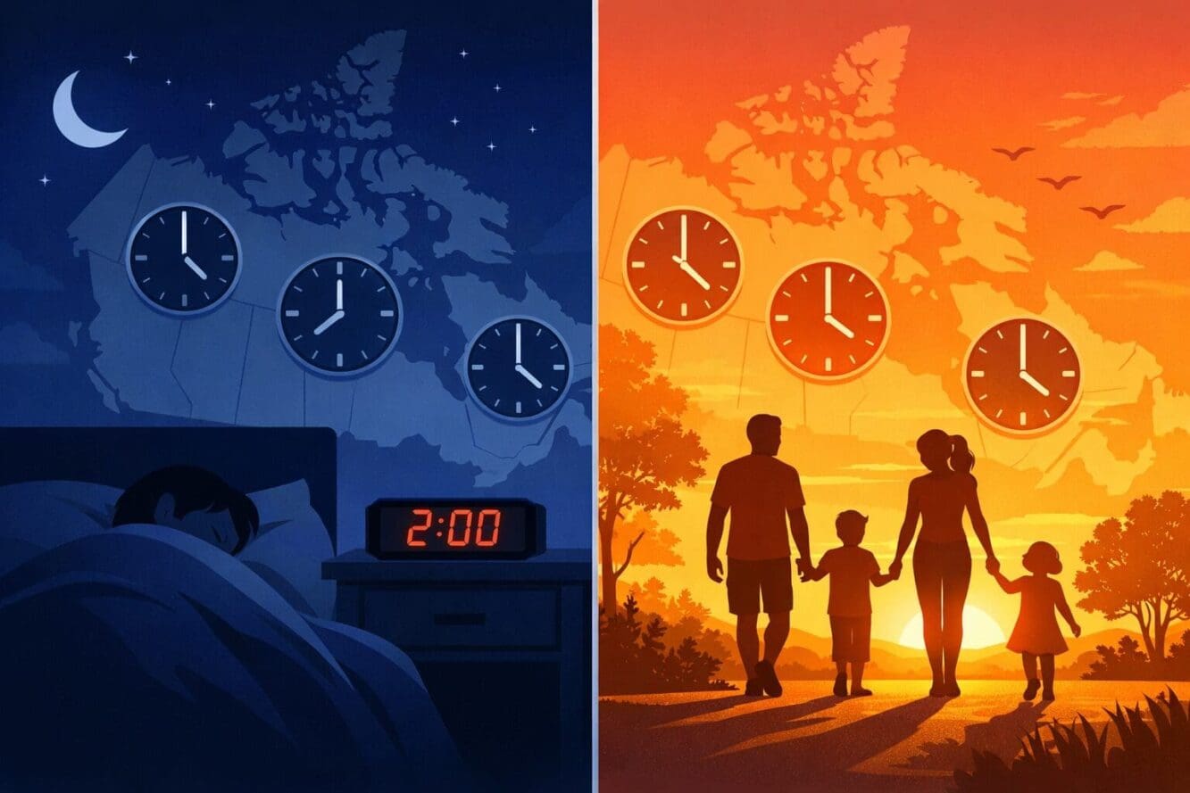Landscape format (1536x1024) editorial illustration showing a split scene of Canada divided by a vertical line, left side depicting dark ear