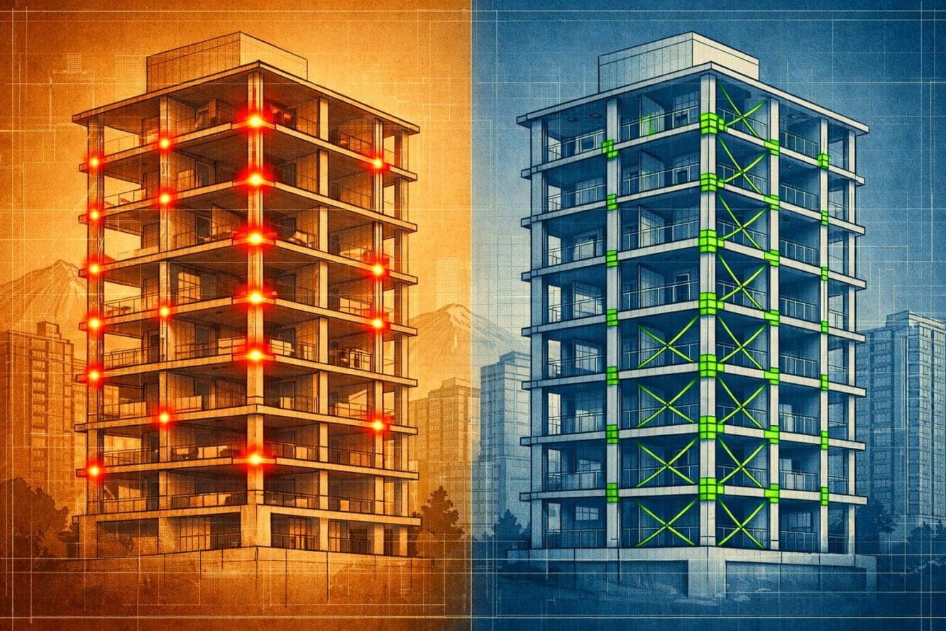 Landscape format (1536x1024) editorial illustration showing a cross-section cutaway of a 1960s-era non-ductile reinforced concrete high-rise