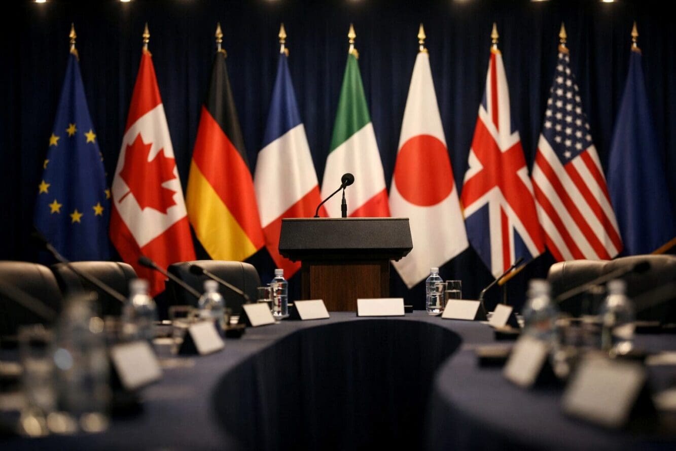Landscape format (1536x1024) editorial photograph showing a wide diplomatic press conference setting with multiple national flags including