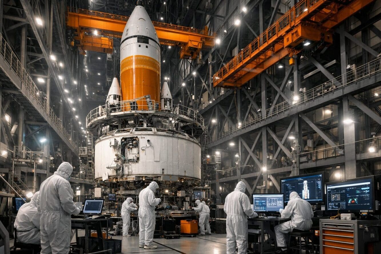 Landscape format (1536x1024) editorial illustration showing the NASA Vehicle Assembly Building interior with the massive SLS rocket being se