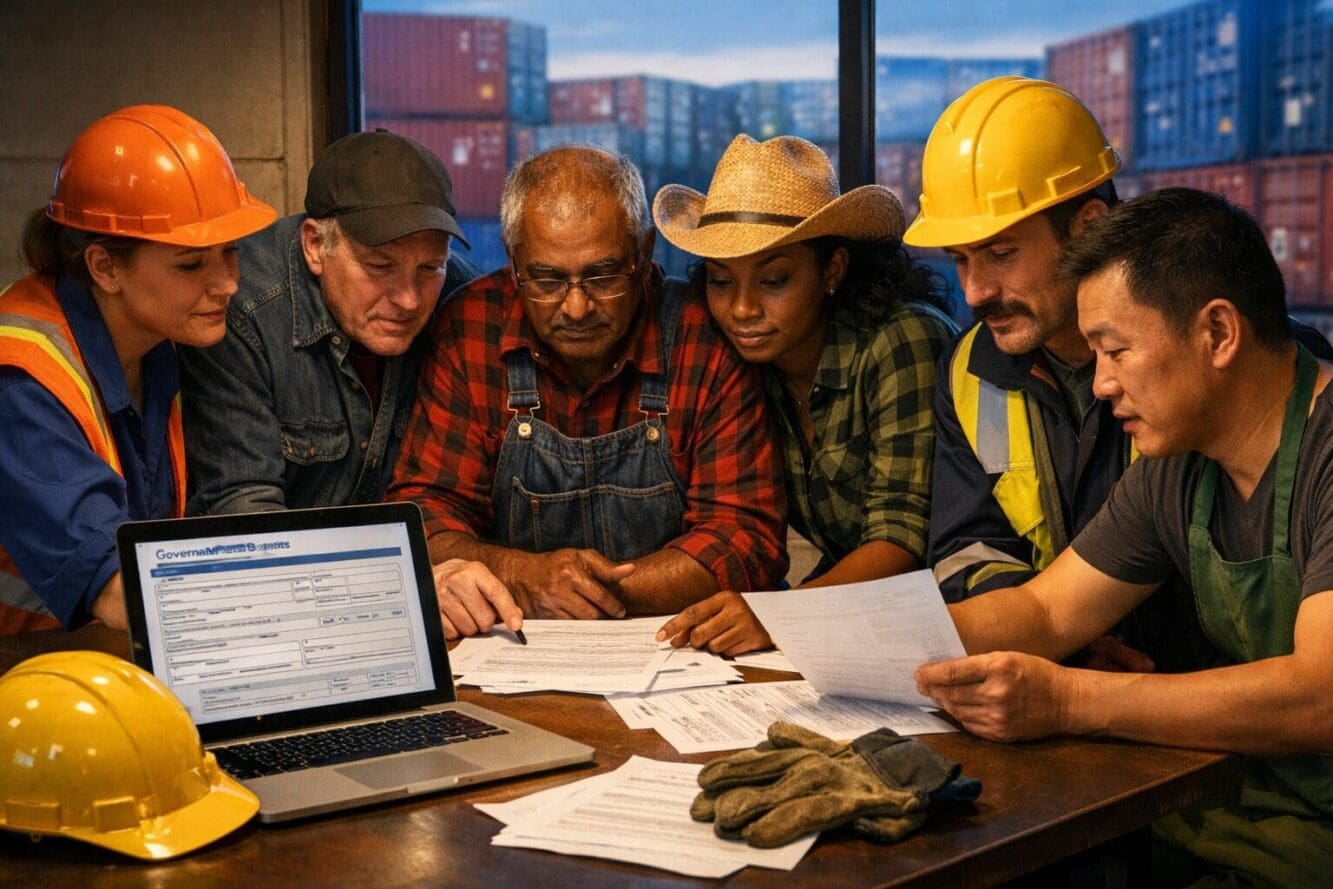 Landscape format (1536x1024) editorial image showing a diverse group of Canadian workers from manufacturing and agricultural sectors gathere