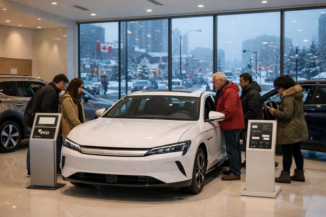 Landscape format (1536x1024) editorial photograph showing a modern electric vehicle showroom interior with a BYD sedan prominently displayed