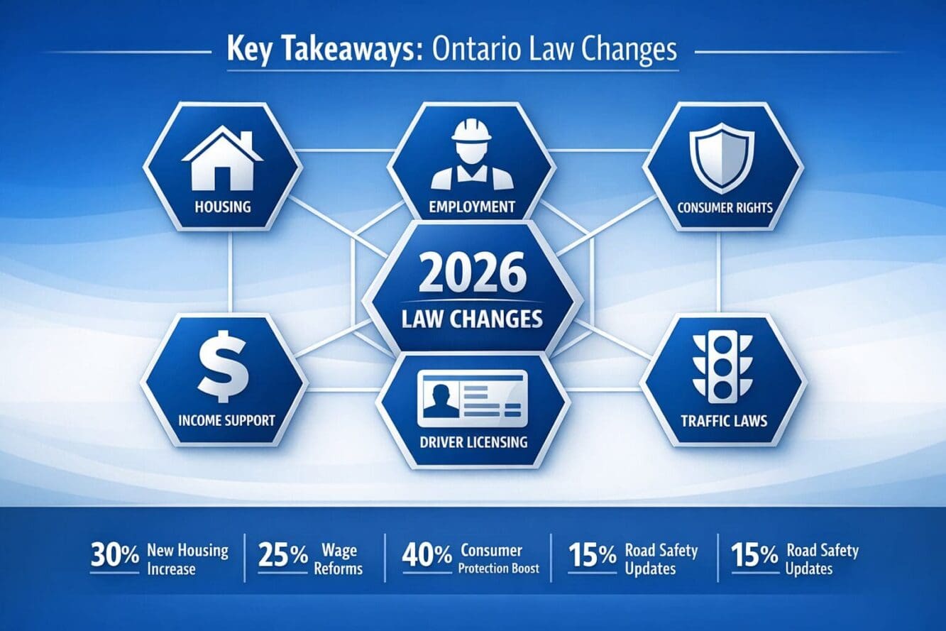 Key Takeaways visual overview infographic for Ontario law changes, landscape orientation (1536x1024), featuring six interconnected hexagonal