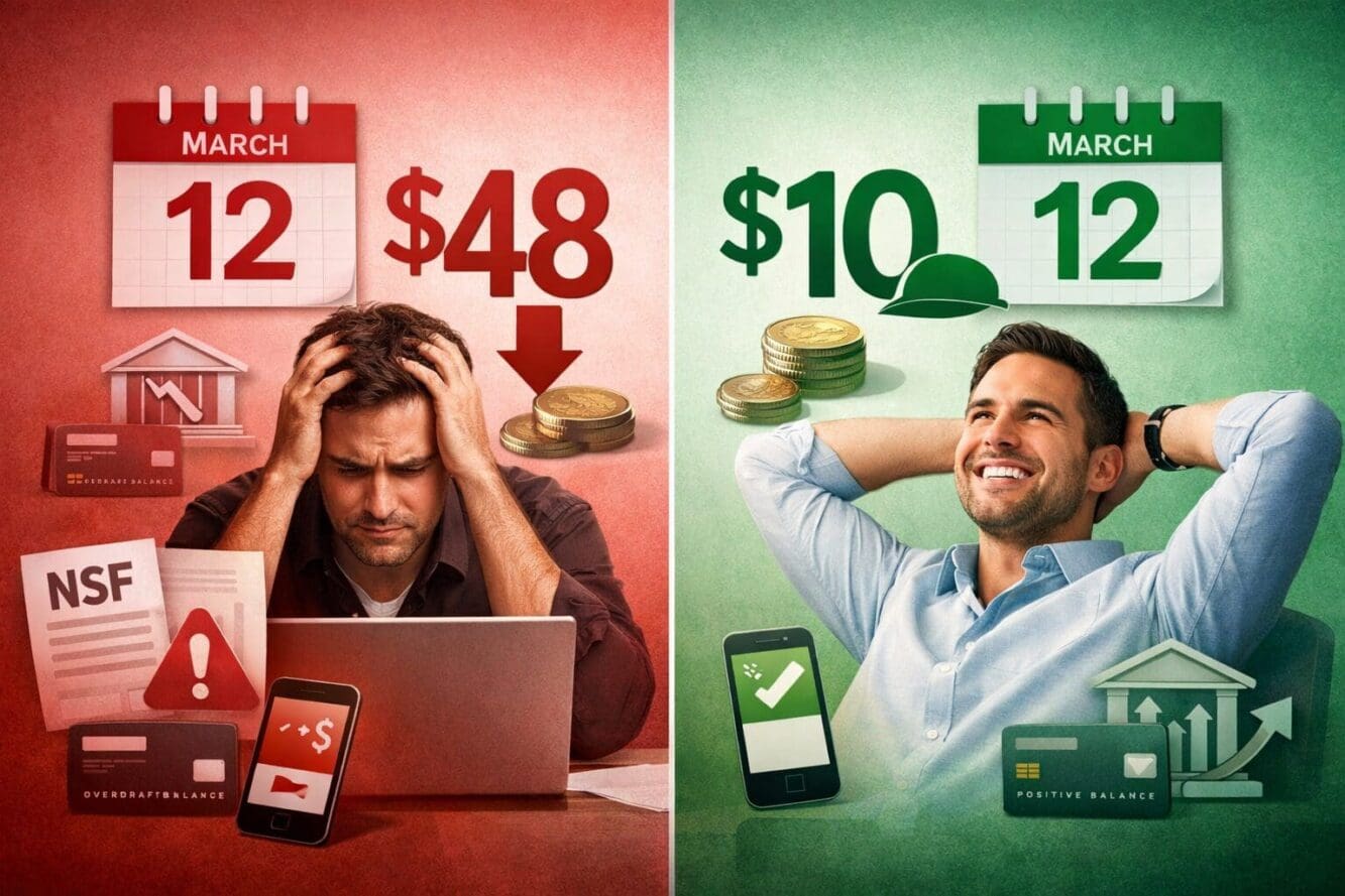 Landscape format infographic-style image (1536x1024) depicting a before-and-after comparison visual showing old NSF fee of forty-eight dolla