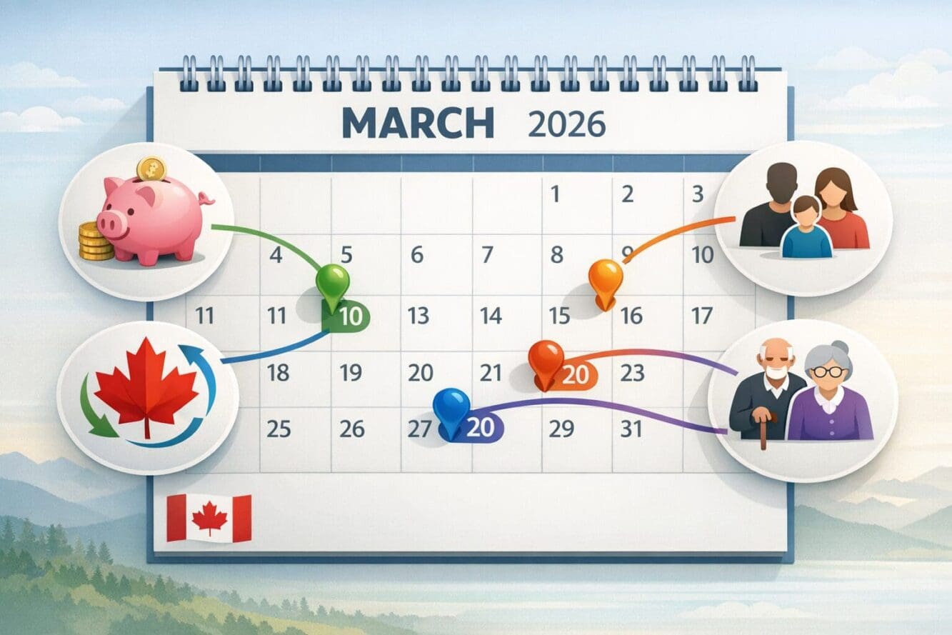 Detailed landscape format (1536x1024) infographic-style visualization showing a March 2026 calendar with highlighted payment dates, colorful