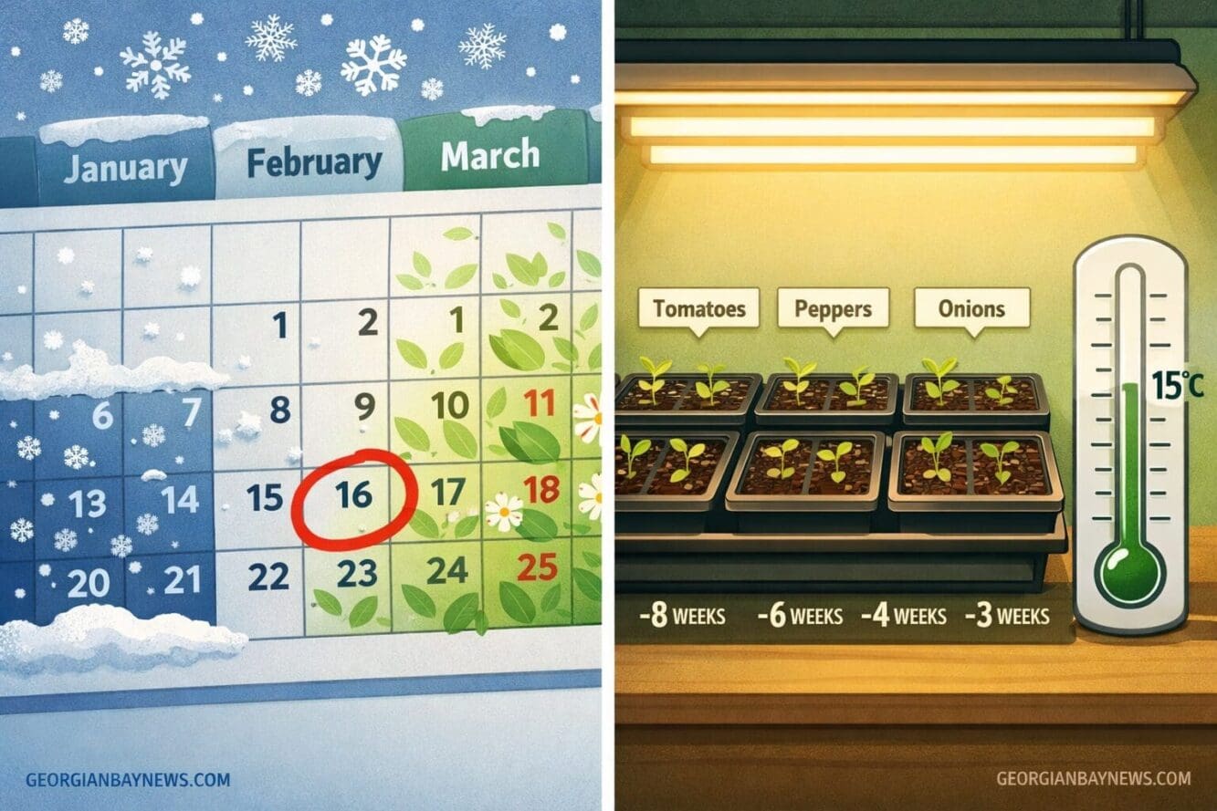 Include the text: GEORGIANBAYNEWS.COM, in each image in a discreet fashion. Landscape format (1536x1024) editorial illustration showing a sp