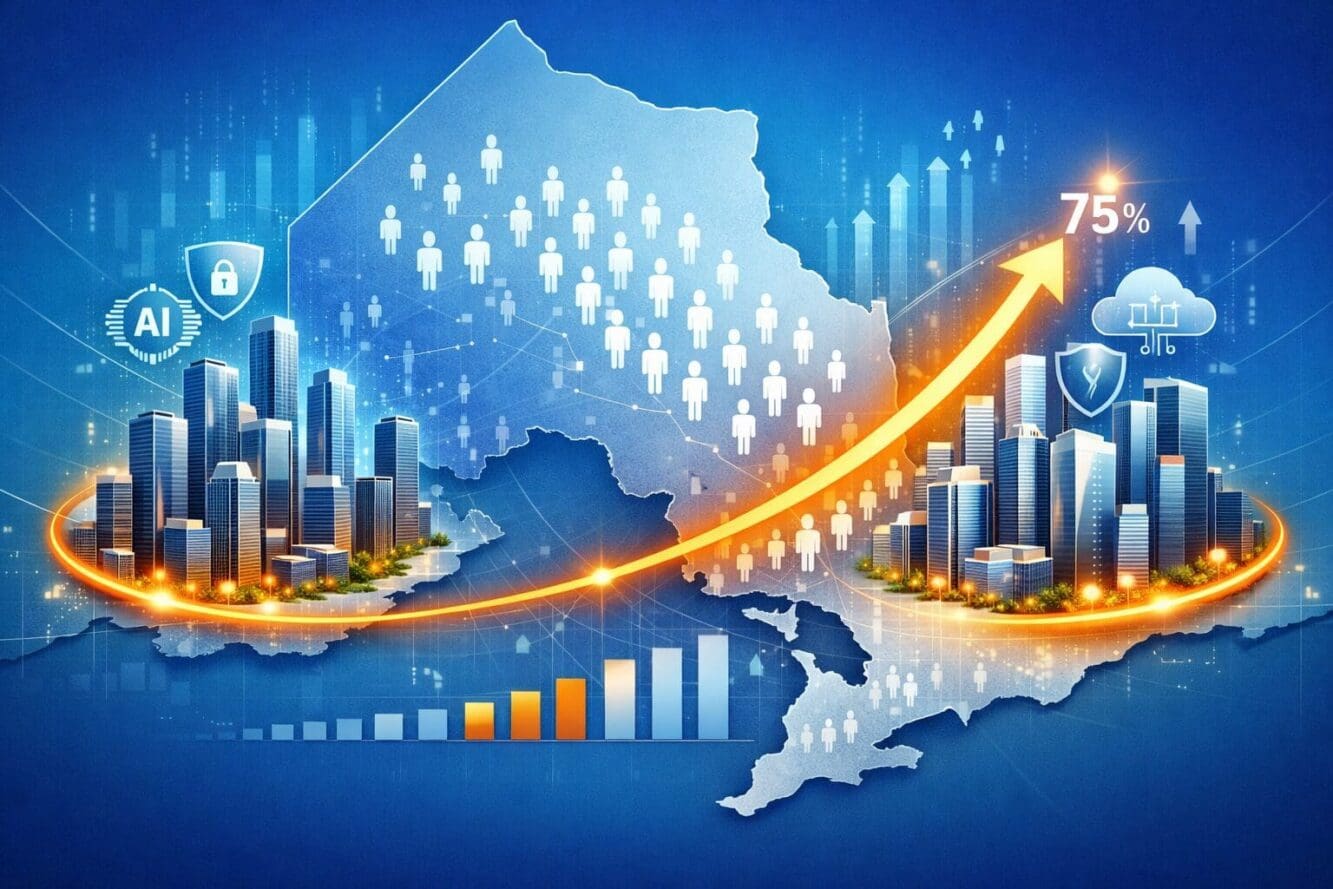 Landscape format (1536x1024) detailed illustration of Ontario map highlighting Mississauga and Calgary with glowing connection lines, modern