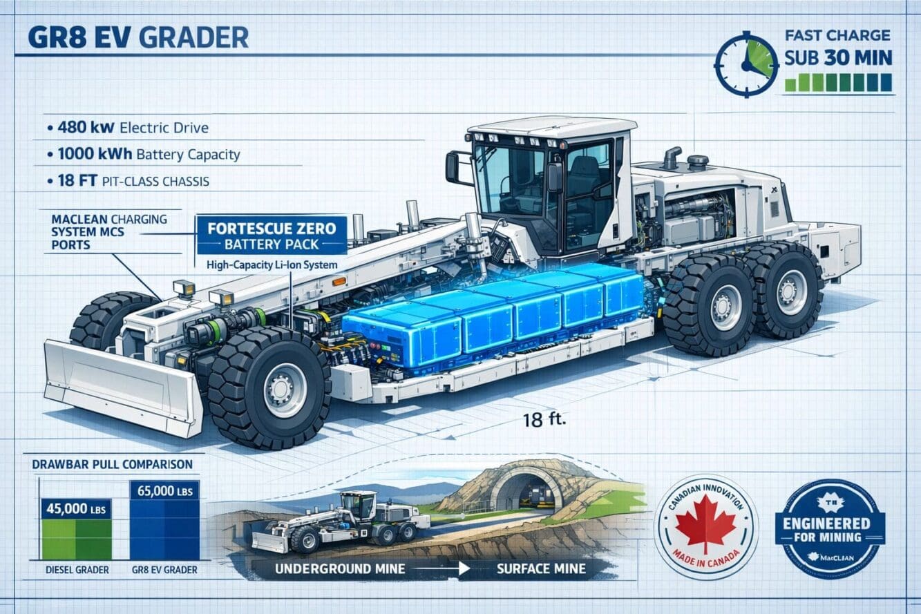 Landscape format (1536x1024) detailed cutaway technical illustration of the GR8 EV Grader showing internal battery system architecture, Fort