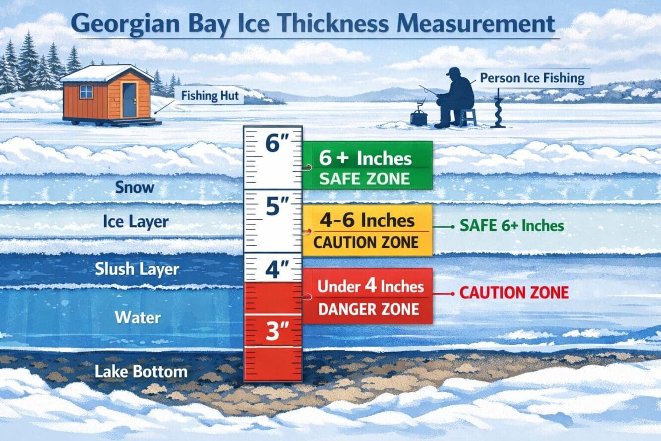 Landscape format detailed illustration showing ice thickness measurement diagram with cross-section view of Georgian Bay ice layers, ruler s