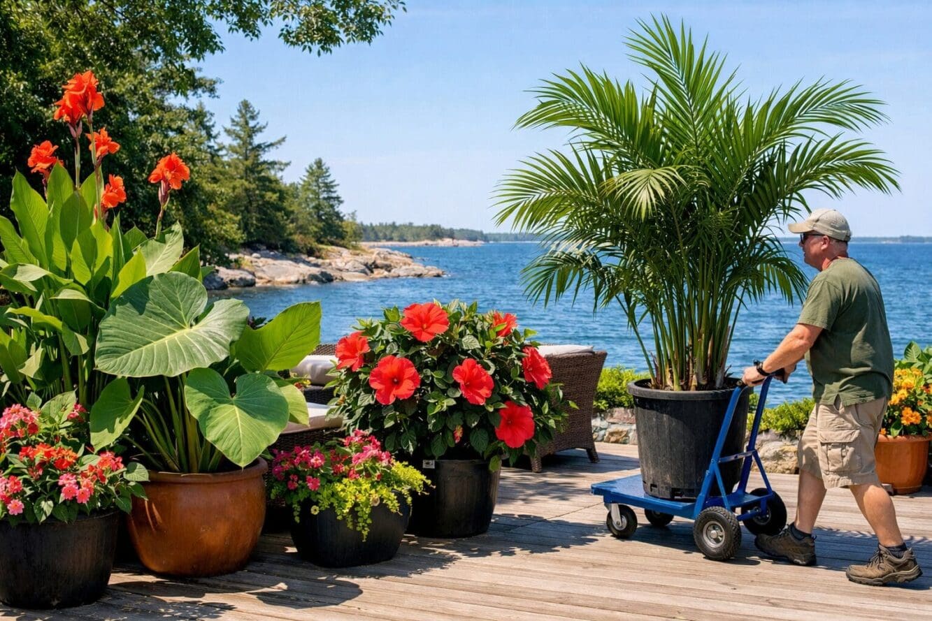 Landscape format (1536x1024) editorial photograph of a Canadian patio in early summer with large potted tropical plants including canna lili