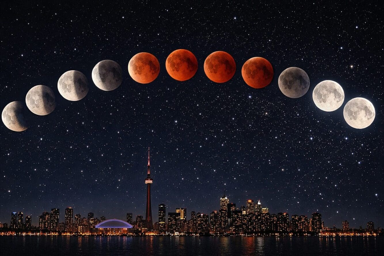 Landscape format (1536x1024) editorial illustration showing a detailed timeline visualization of a total lunar eclipse sequence across a Can